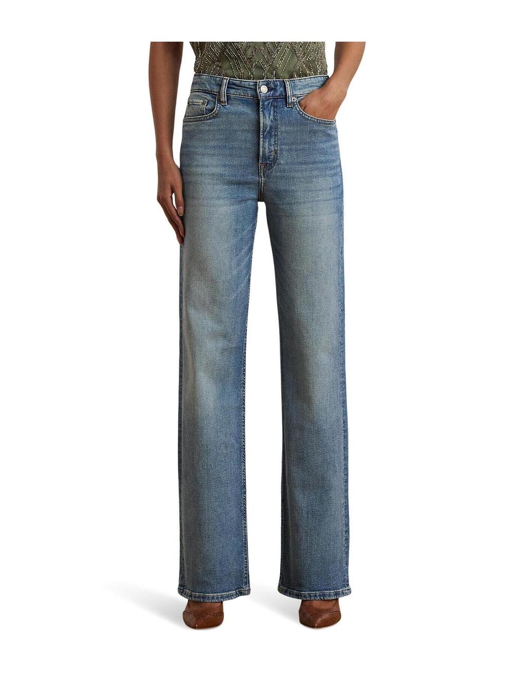 Lauren Ralph Lauren, Womens, High-Rise Wide-Leg Jeans, Alicia Wash, Size: 12